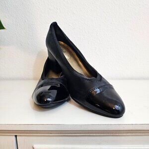 Soft Style Womens Sz 8.5 Black Faux Leather Pump Patent Toe Cap Comfort Shoes